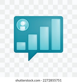 Vector icon with 3d render style of speech bubbles for corporate performance meetings with rising bar charts and employee profiles. Can be used for ads, poster, startup apps, banner, website, template