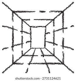 Vector icon of a 3D wireframe tunnel grid and digital tunnel perspective. Dark brown charcoal sketch on transparent background. It represents virtual reality space and digital infrastructure