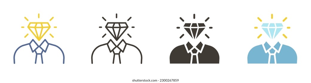 Icono de vector en 4 estilos diferentes. Persona con diamantes en la cabeza. Empleado del mes, recompensas de lealtad o suscripción premium