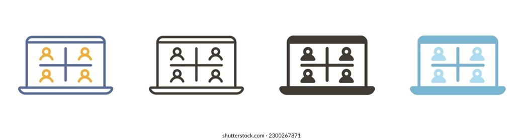 Icono de vector en 4 estilos diferentes. Portátil con llamada en conferencia virtual en vivo. Pantalla con 4 personas. Clases en línea, conferencia de negocios
