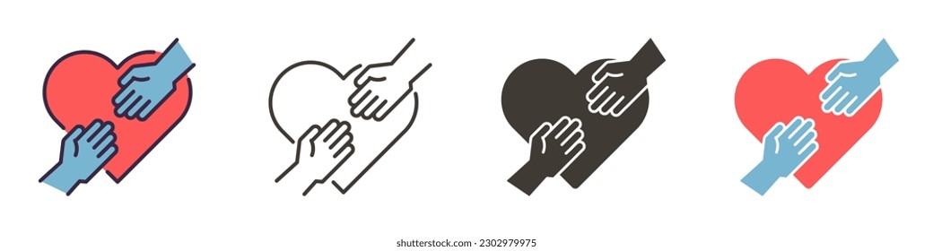 Vector icon in 4 different styles. Two hands coming together with heart on the background.