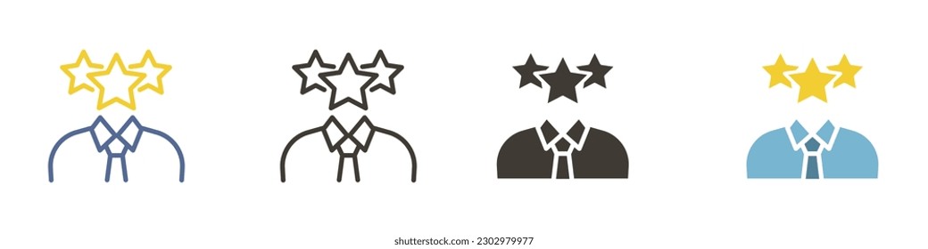 Vector icon in 4 different styles. Person with 3 stars on his head. Employee of the month, loyalty rewards or premium subscription