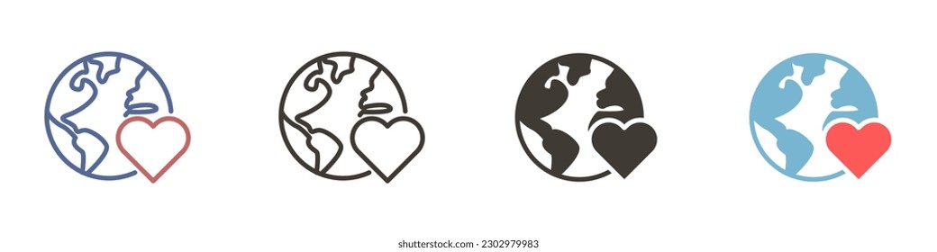 Vector icon in 4 different styles. Planet earth with a heart