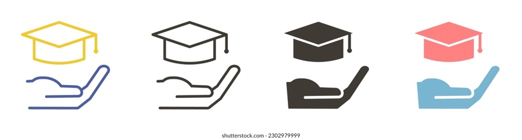 Vector icon in 4 different styles. Hand holding a college cap