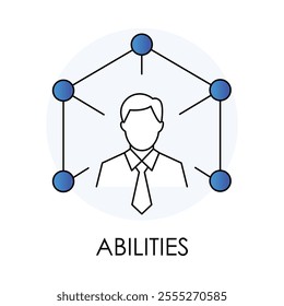 Vector icon for abilities. Outline icon illustrating a professional connected by nodes, representing skills, talents, and network capabilities.