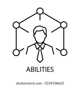 Vector icon for abilities. Outline icon illustrating a professional connected by nodes, representing skills, talents, and network capabilities.