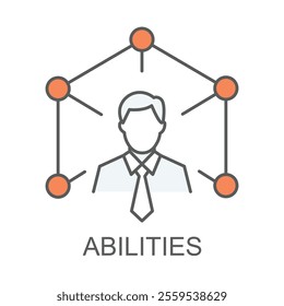 Vector icon for abilities. Outline icon illustrating a professional connected by nodes, representing skills, talents, and network capabilities.