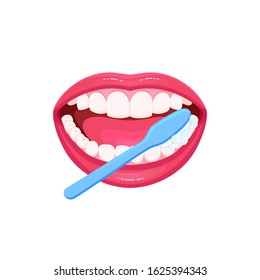 Vector Icon about dental care, girl brushes teeth, teeth cleaning. Isolated Concept of how to brush teeth, female mouth with snow-white teeth.