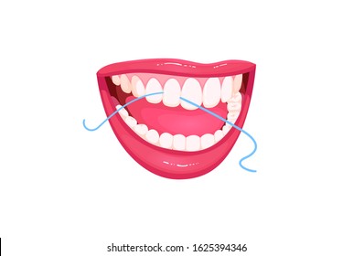Vector Icon about dental care, girl brushing flossing teeth. A wide smile with snow-white teeth, the concept of healthy teeth, additional oral care. Isolated icon of female lips,mouth.