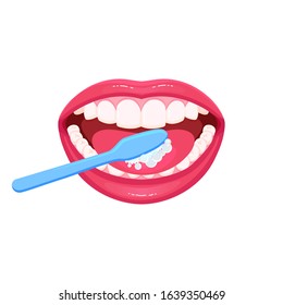 Vector Icon about dental care, girl brushing tongue, teeth cleaning. Isolated Concept of how to brush teeth, female mouth with snow-white teeth.