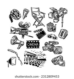 Vektorsymbol über die Ausrüstung zum Filmen und Aufführen in einem Kino mit einzigartigem Vintage-Stil