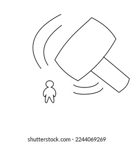 Vector icon about small man will hitted by hammer. Injustice symbol.