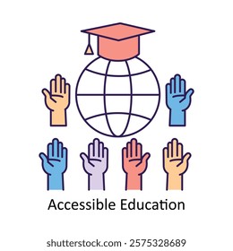 Vector icon for Accessible Education. A globe and graduation cap symbolizing inclusive and global learning opportunities.