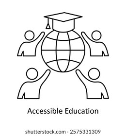 Vector icon for Accessible Education. A globe and graduation cap symbolizing inclusive and global learning opportunities.