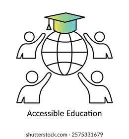 Vector icon for Accessible Education. A globe and graduation cap symbolizing inclusive and global learning opportunities.