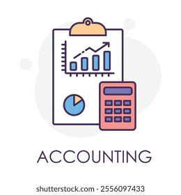 Vector icon for Accounting. A clipboard with graphs and a calculator depicting financial management and bookkeeping.
