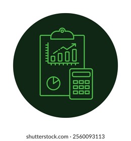 Vector icon for Accounting. A clipboard with graphs and a calculator depicting financial management and bookkeeping.