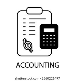 Vector icon for accounting. Line art of a calculator and documents for money tracking and budget planning.