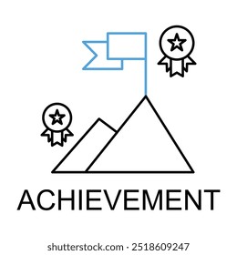 Icono de Vector para el seguimiento de logros. Una montaña con una bandera y medallas, que representa el éxito, los objetivos y los hitos profesionales en estilo monoline.