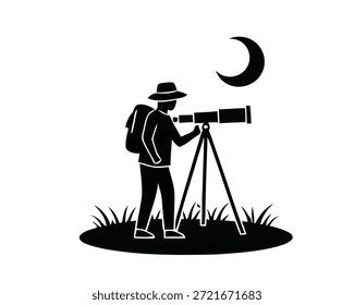 Icono de Vector de un aventurero que usa un telescopio para observar el cielo nocturno, simbolizando la exploración de las maravillas celestiales y la profunda fascinación por la astronomía bajo la luna creciente