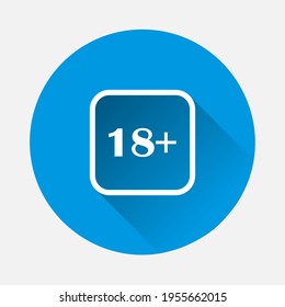 Icono de la edad del icono vector límite de dieciocho años en fondo azul. Imagen plana con sombra larga.