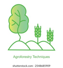 Vector icon for Agroforestry Techniques with Trees and Crops. Represents integrated land-use practices combining agriculture and forestry for sustainable farming.