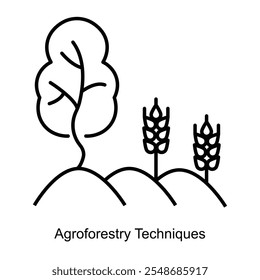 Vector icon for Agroforestry Techniques with Trees and Crops. Represents integrated land-use practices combining agriculture and forestry for sustainable farming.