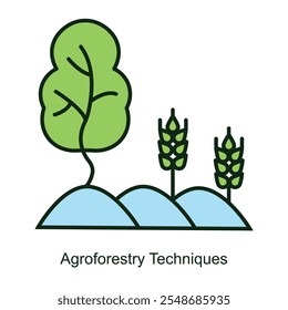 Vector icon for Agroforestry Techniques with Trees and Crops. Represents integrated land-use practices combining agriculture and forestry for sustainable farming.