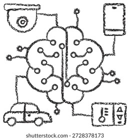 Vector icon of AI brain connected to smart home, car, and surveillance devices. Dark brown charcoal sketch on transparent background, for IoT and artificial intelligence ecosystem - Powered by Shutterstock - Get 15% off with code: PIKWIZARD15