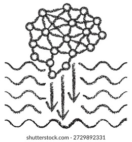 Vector icon of an AI brain diving into data waves for deep learning. Dark brown charcoal sketch on transparent background. Hand-drawn concept for neural network layers and complex analysis
