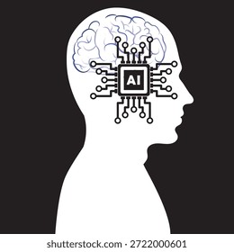 Vector icon of AI brain integrated into human head isolated on black background, representing artificial intelligence, machine learning, neural networks, and futuristic technology interface