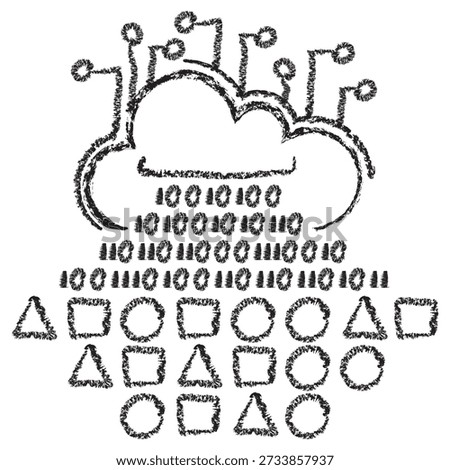Vector icon of AI cloud data serialization and binary encoding. Dark brown charcoal sketch on transparent background. Features binary code converting into structured geometric shapes
