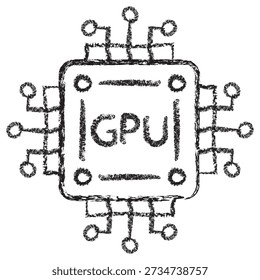 Vector icon of AI hardware acceleration and GPU computing. Dark brown charcoal sketch on transparent background. Features a GPU microchip with electronic circuit paths