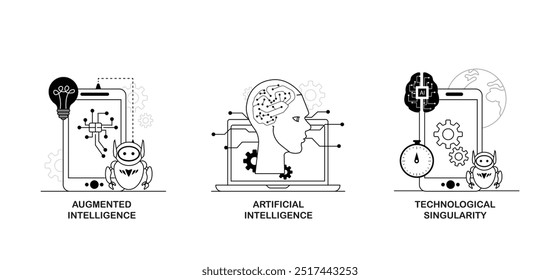 Vector icon for AI and machine learning in digital innovation. Illustrates a robot, brain circuitry, and tech elements to showcase AI-driven technological progress.