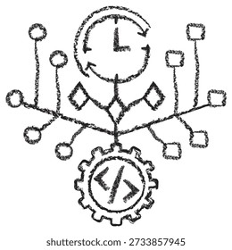 Vector icon of the AI version control with a coding gear and iteration clock. Dark brown charcoal sketch on transparent background. Concept of software development tracking and algorithmic history - Powered by Shutterstock - Get 15% off with code: PIKWIZARD15