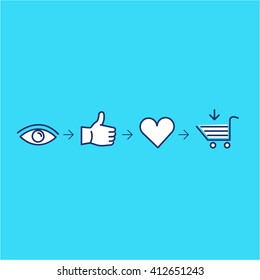 Vector icon of AIDA - attention, interest, desire, action | modern flat design marketing and business linear illustration and infographic concept on blue background