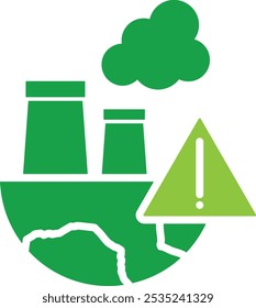 Vector icon of air pollution. Green factories and a warning symbol, representing environmental issues caused by pollution.