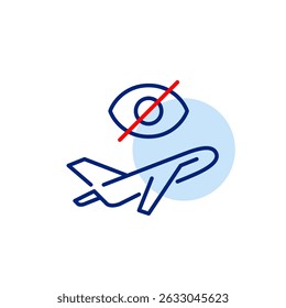 Vector icon of airplane with crossed-out eye, symbolizing hidden flight, private travel, or invisible tracking. Ideal for travel apps, aviation tools, privacy settings