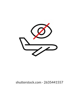 Vector icon of airplane in flight with crossed-out eye, symbolizing hidden travel, private flight, or invisible tracking. Ideal for travel apps, aviation platforms, privacy settings