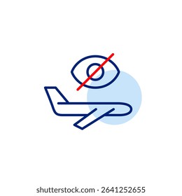 Vector icon of airplane in flight with crossed-out eye, symbolizing hidden travel, private flight, or invisible tracking. Ideal for travel apps, aviation platforms, and privacy settings