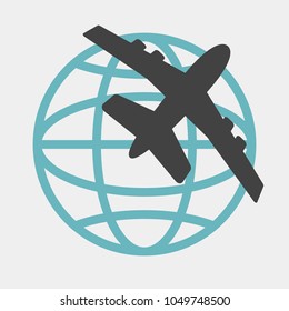 Vector icon airplane flying around the globe