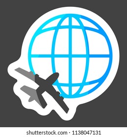 Vector icon airplane flying around the globe colored sticker. Layers grouped for easy editing illustration. For your design.