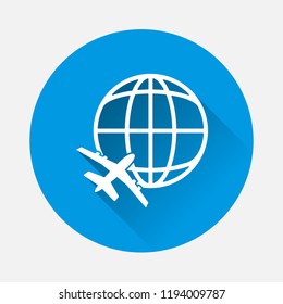 Vector icon airplane flying around the globe on blue background. Flat image airport with long shadow. Layers grouped for easy editing illustration. For your design.