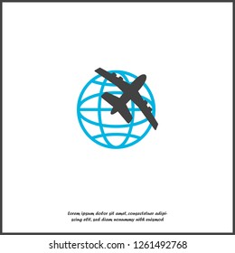 Vector icon airplane flying around the globe on white isolated background. Layers grouped for easy editing illustration. For your design.