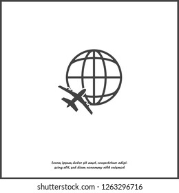 Vector icon airplane flying around the globe on white isolated background. Layers grouped for easy editing illustration. For your design.