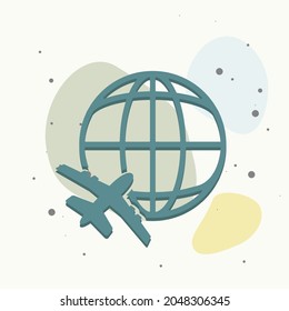 Vector icon airplane flying around the globe on multicolored background. Layers grouped for easy editing illustration. For your design.