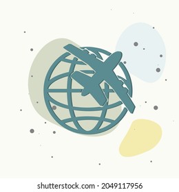Vector icon airplane flying around the globe on multicolored background. Layers grouped for easy editing illustration. For your design.
