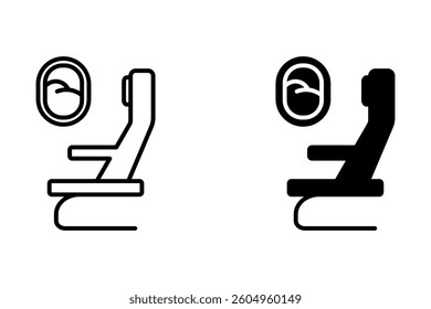 Vector icon of airplane seat and window with clouds. Customizable thin and black line illustration. Contour symbol. For mobile concept and web design. vector illustration