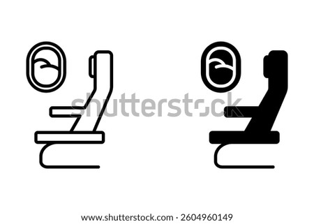 Vector icon of airplane seat and window with clouds. Customizable thin and black line illustration. Contour symbol. For mobile concept and web design. vector illustration