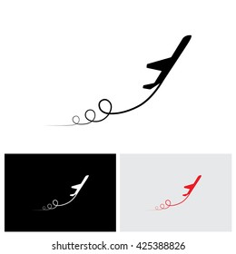 vector icon of airplane icon take off showing its path & in high speed. This illustration can also represent silhouette symbol of a military jet speeding up in the sky